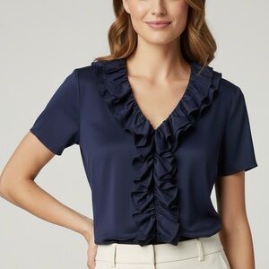 Ralph Lauren Black Label Navy Ruffled button up short sleeve‎ Blouse size Medium